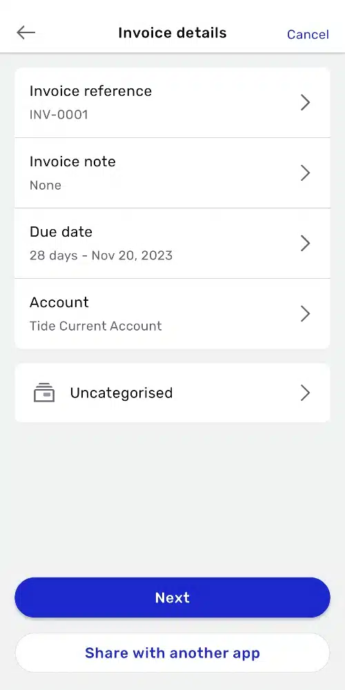 Tide invoice settings screen