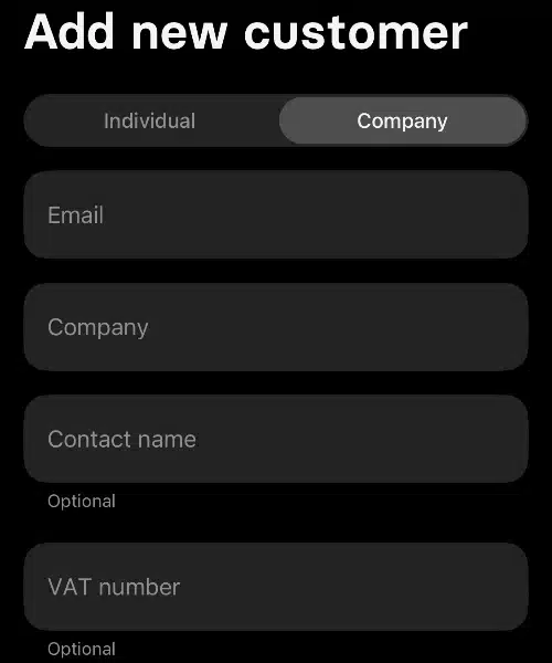 add new customer screen for Revolut invoices