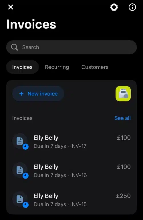 Revolut invoice overview in app