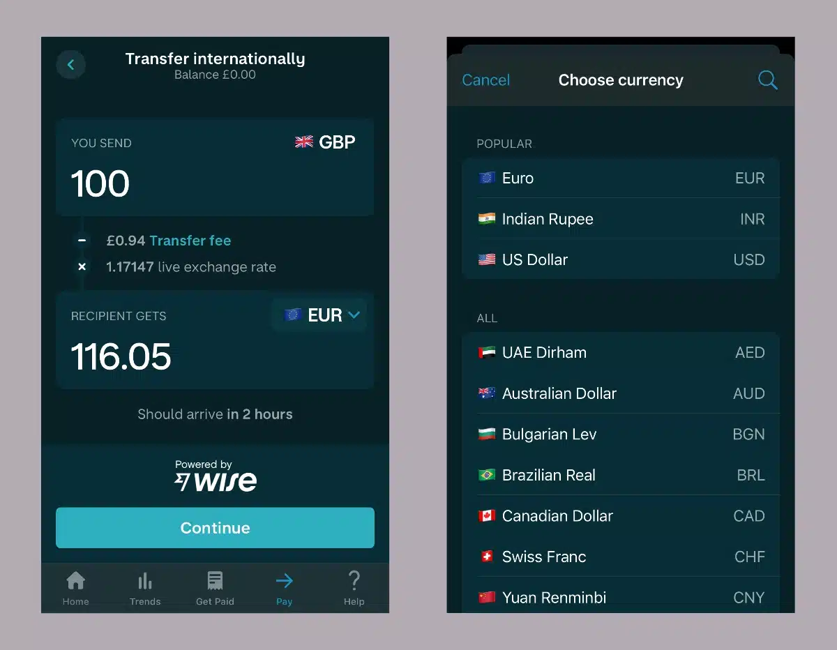 Monzo app's international payment screens