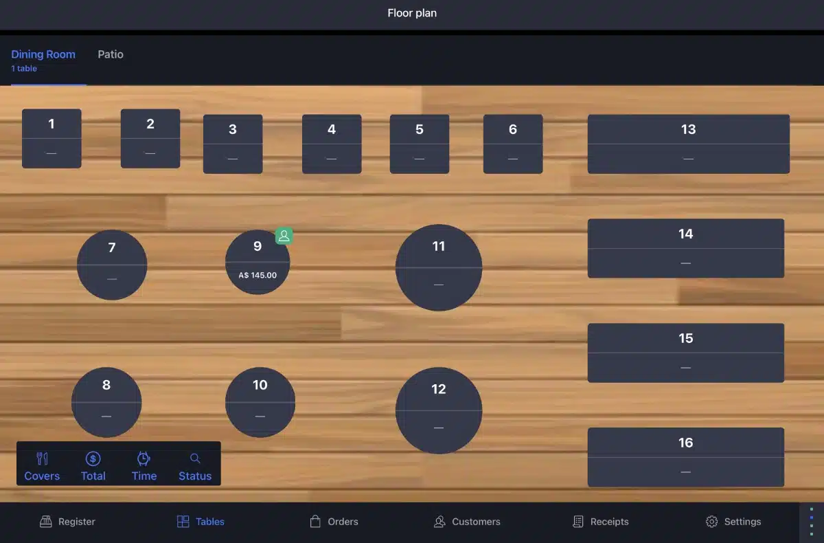 Lightspeed Restaurant floor plan screen in iPad app