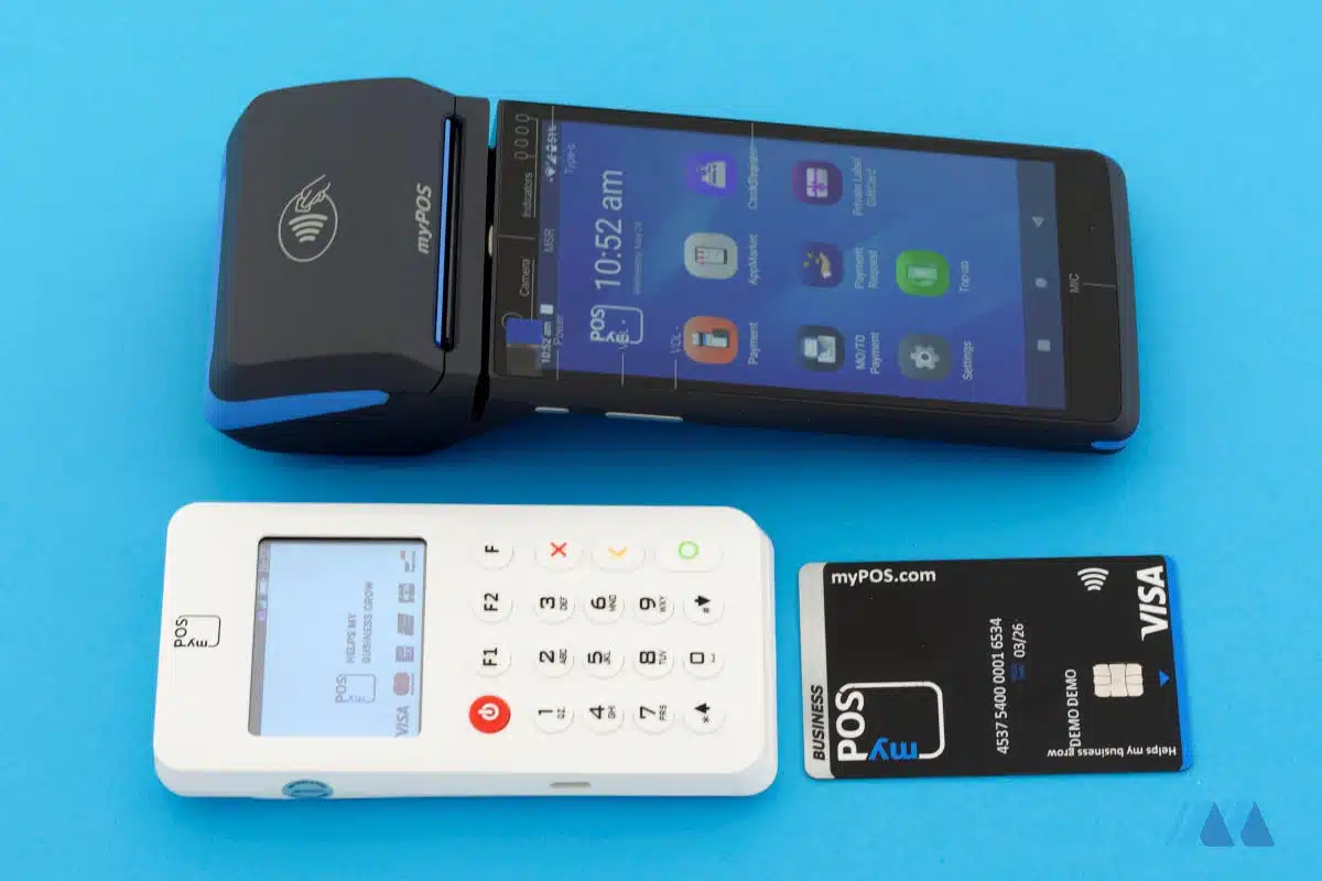 myPOS Pro and Go 2 card machines next to a myPOS card
