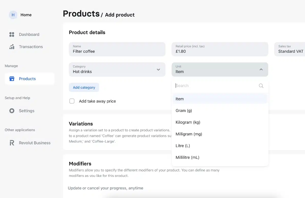 Product settings in the Revolut POS dashboard