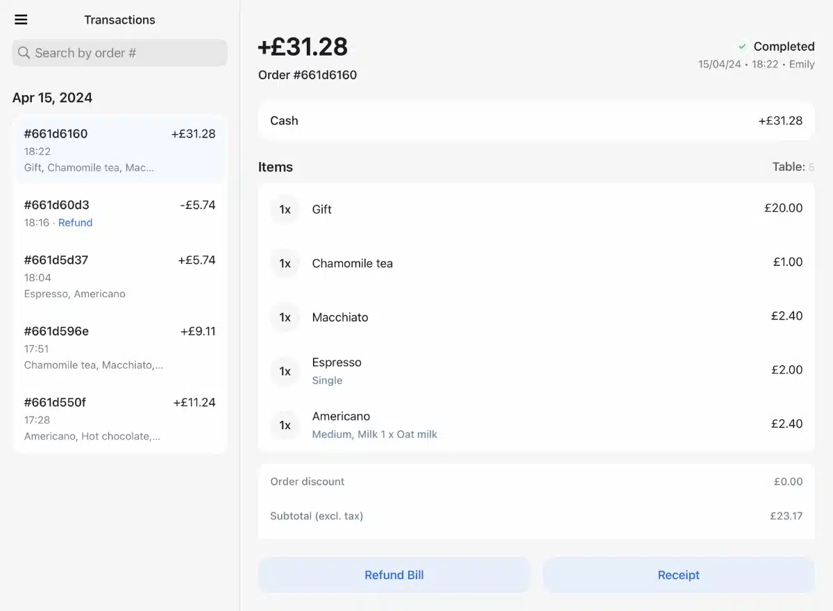 Past transactions in the Revolut POS app