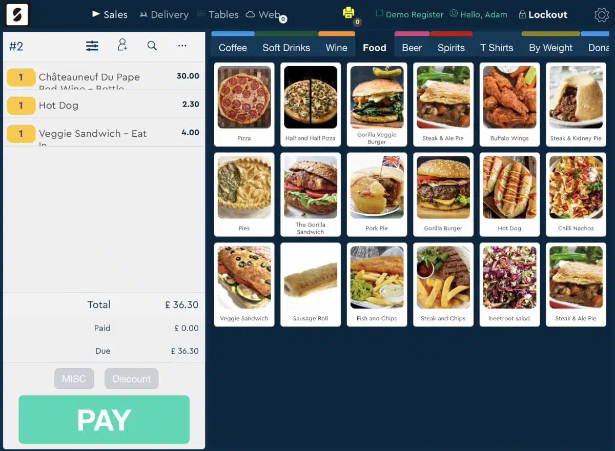 SumUp Point of Sale food menu buttons