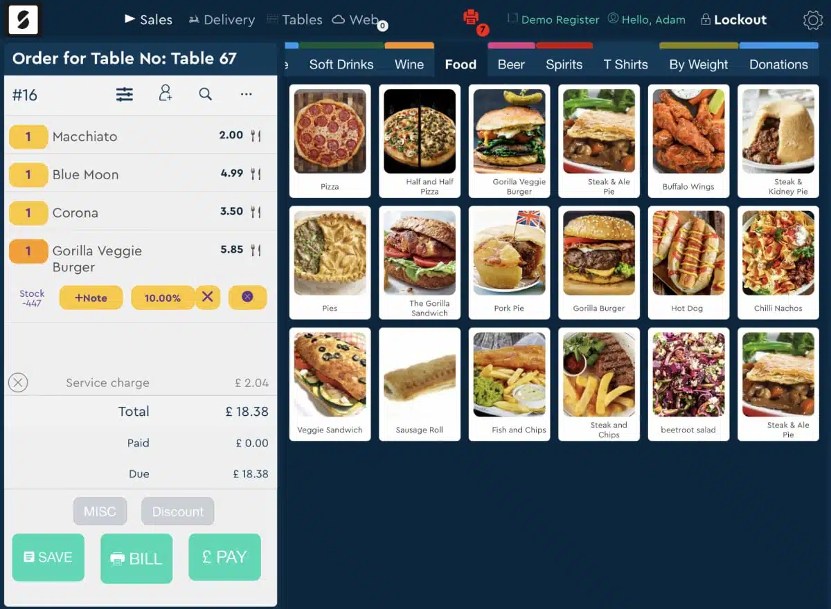 SumUp POS app screen showing food items