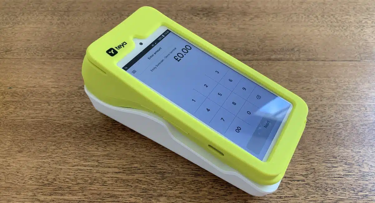 Teya card terminal with yellow casing