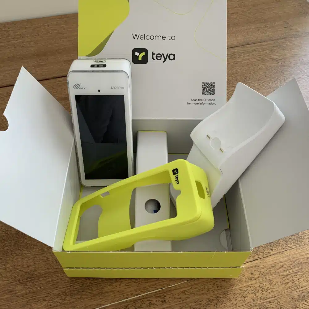 Teya card terminal and accessories in its opened box