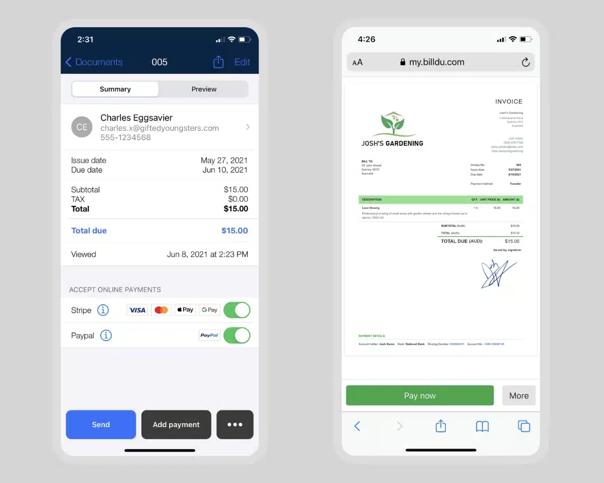 Two Billdu app invoice creation screens on a phone