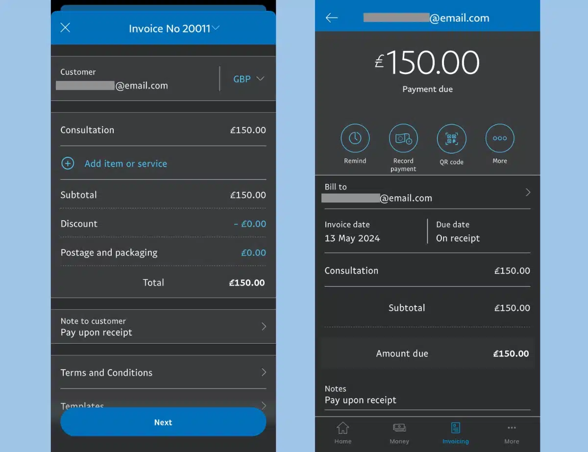 Two invoice-making screens in the PayPal Business app