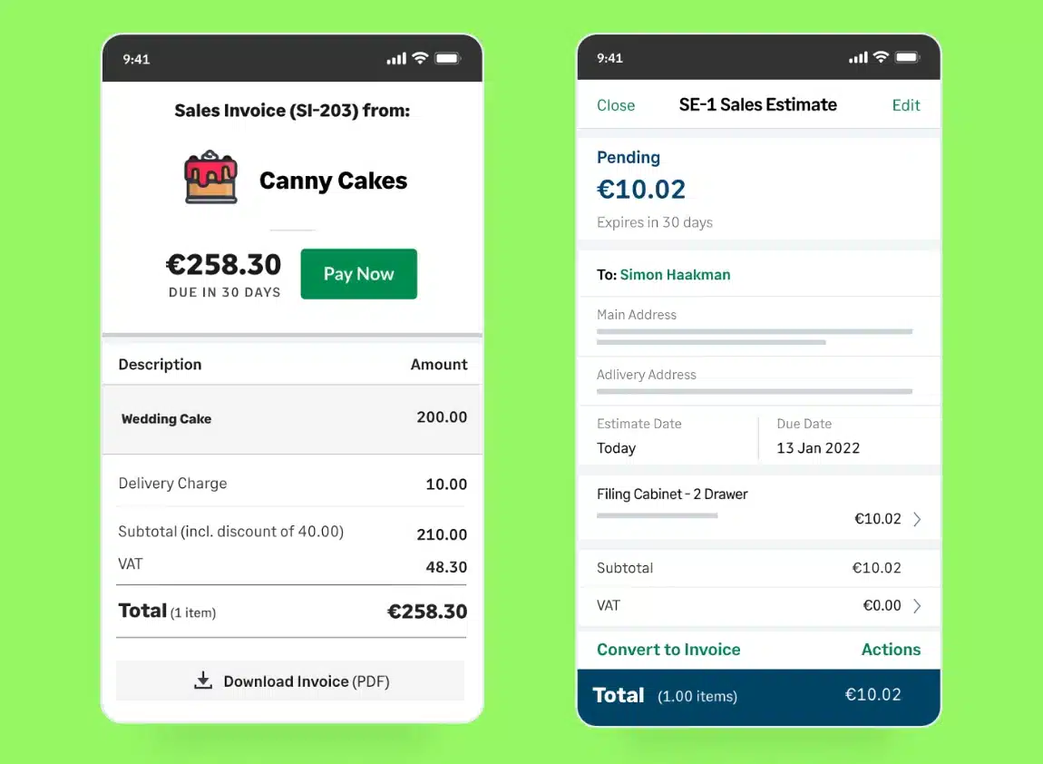 Sage invoice app screens on green background