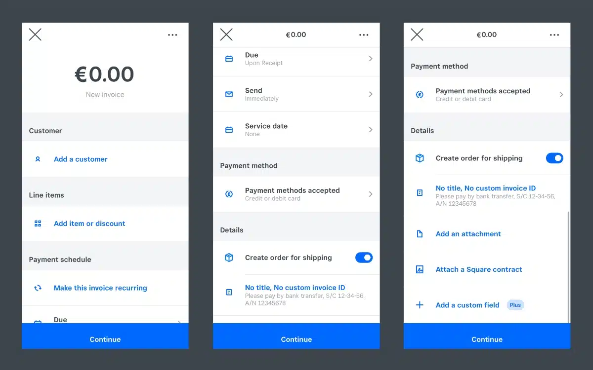 Square Invoices app screens for creating an invoice