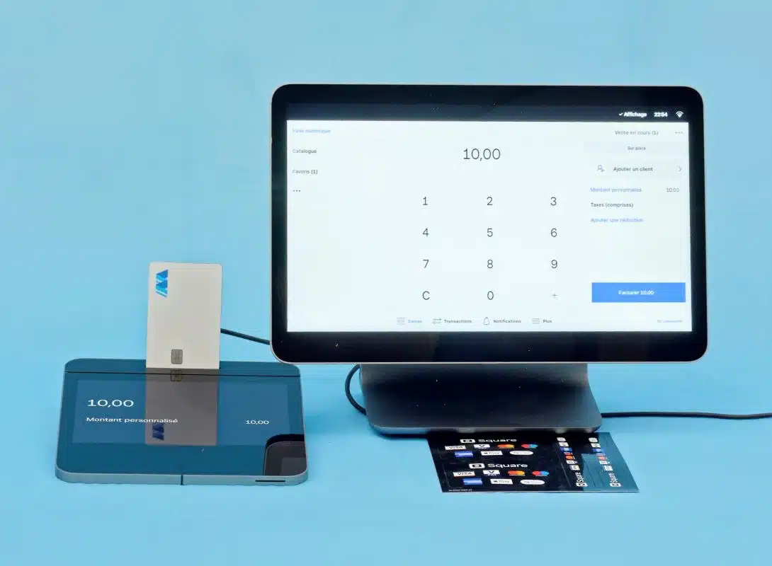 Square Register POS screen with an accompanying touchscreen card terminal