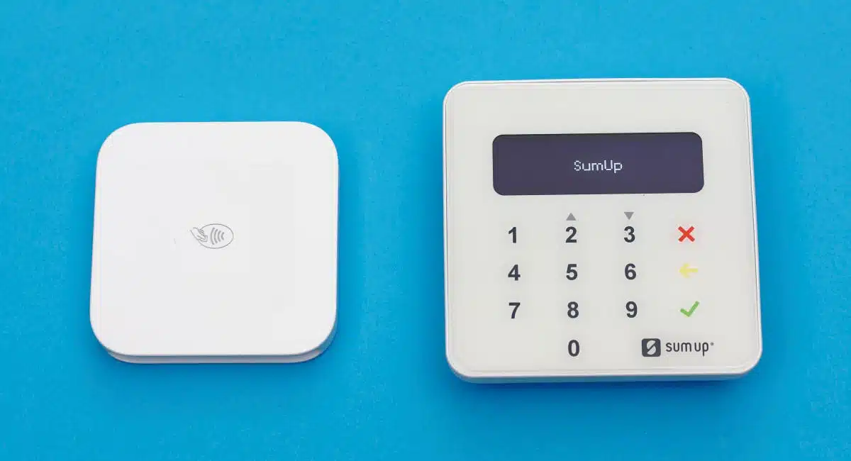 Square and SumUp card readers on blue background