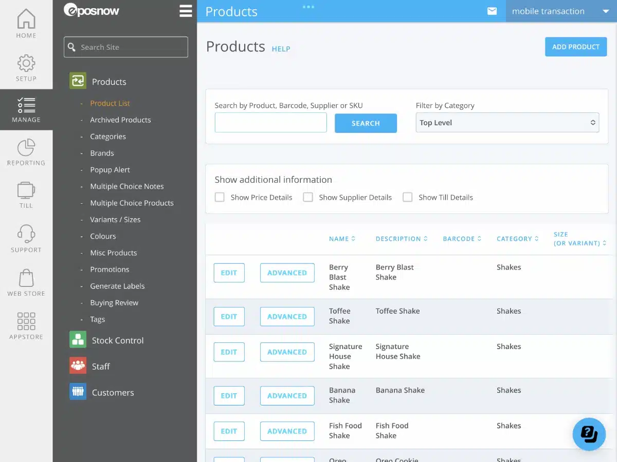 Epos Now Dashboard product settings menu