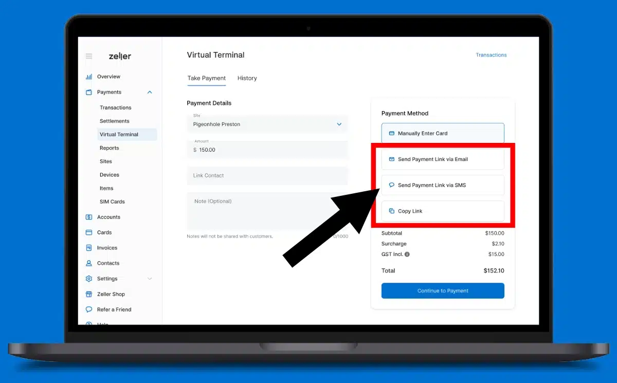 Zeller payment link send-off on laptop
