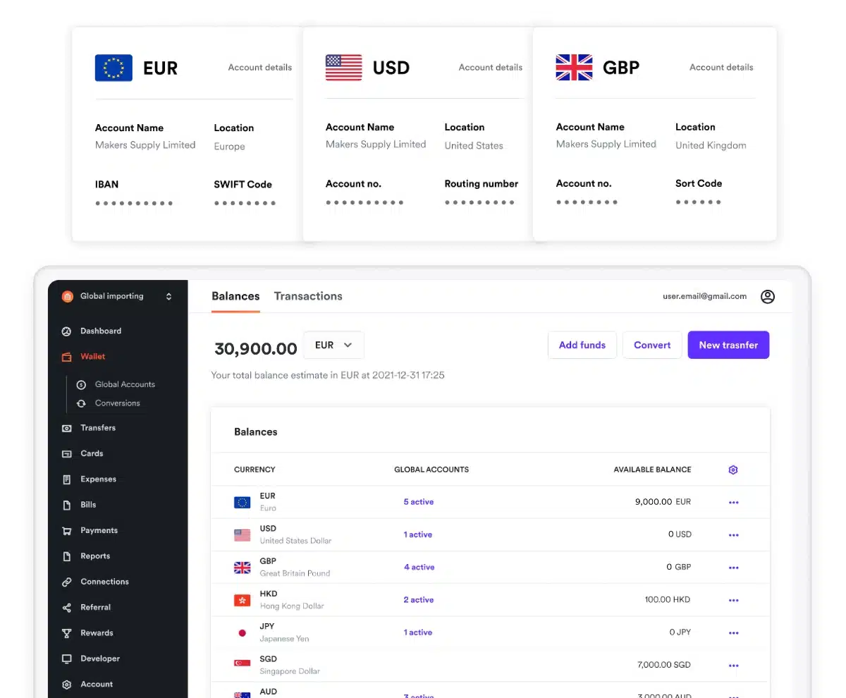 Airwallex multi-currency accounts dashboard