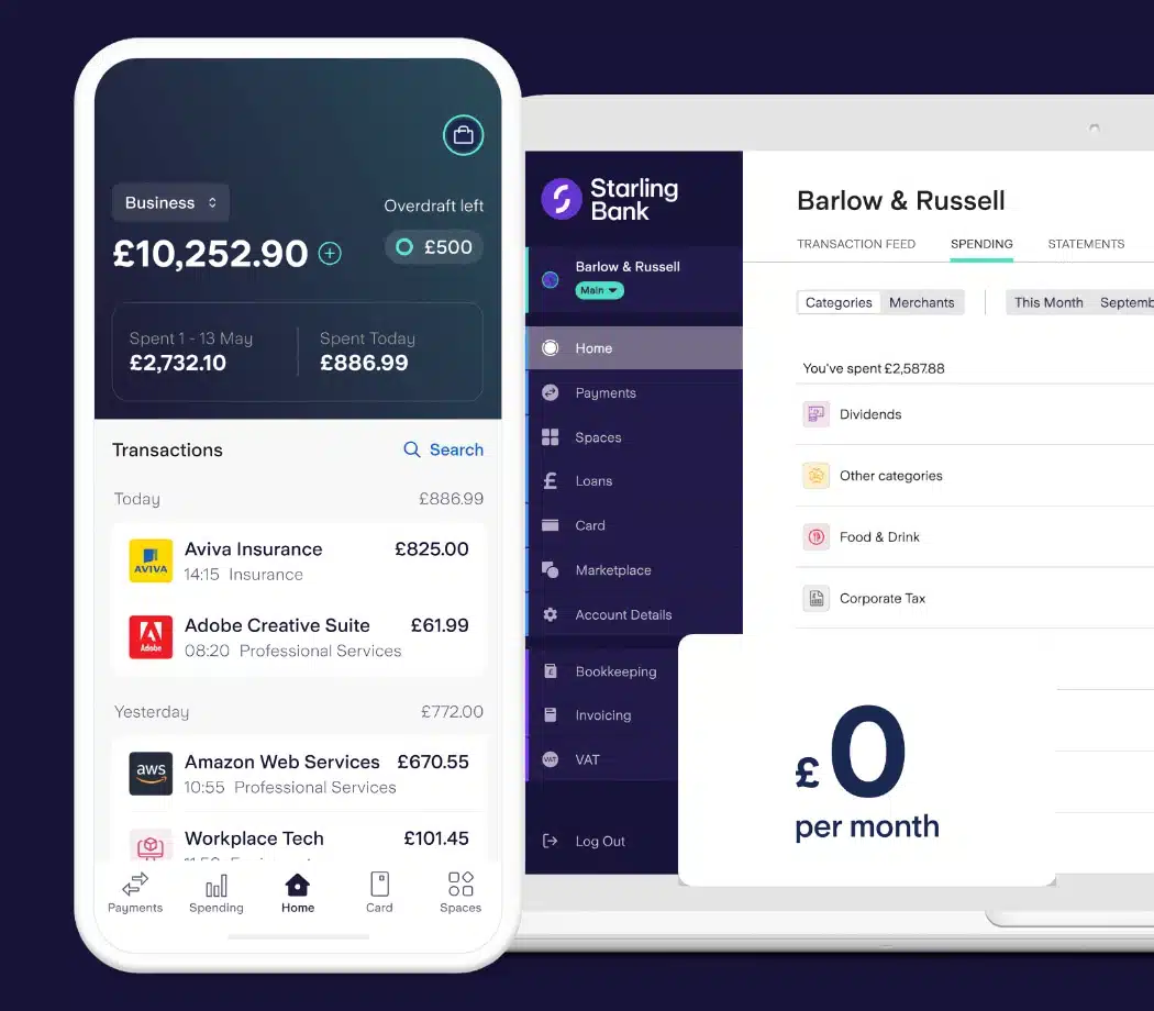 Starling Bank Business Account software on phone and laptop