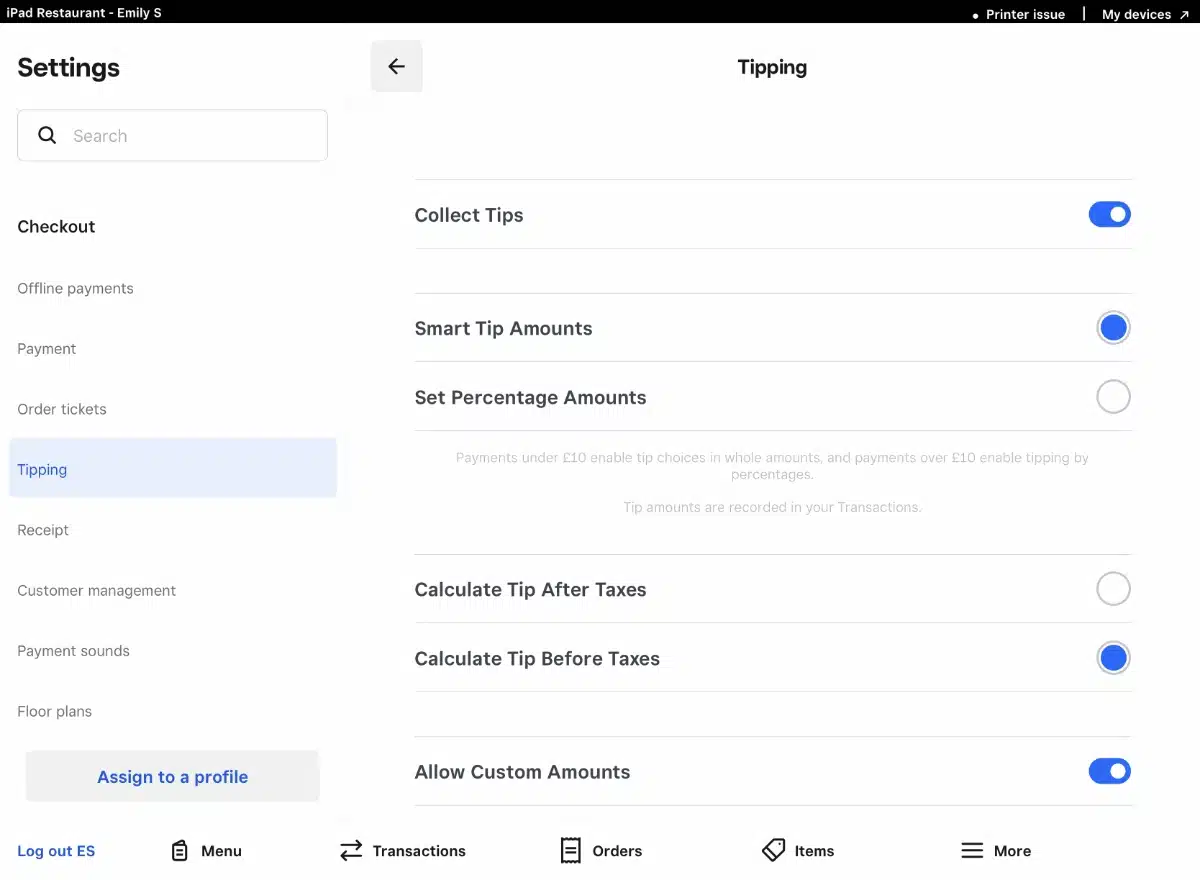 Square for Restaurants tipping settings in iPad app