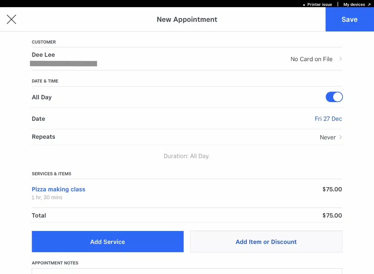 Square Appointments create new appointment screen on iPad