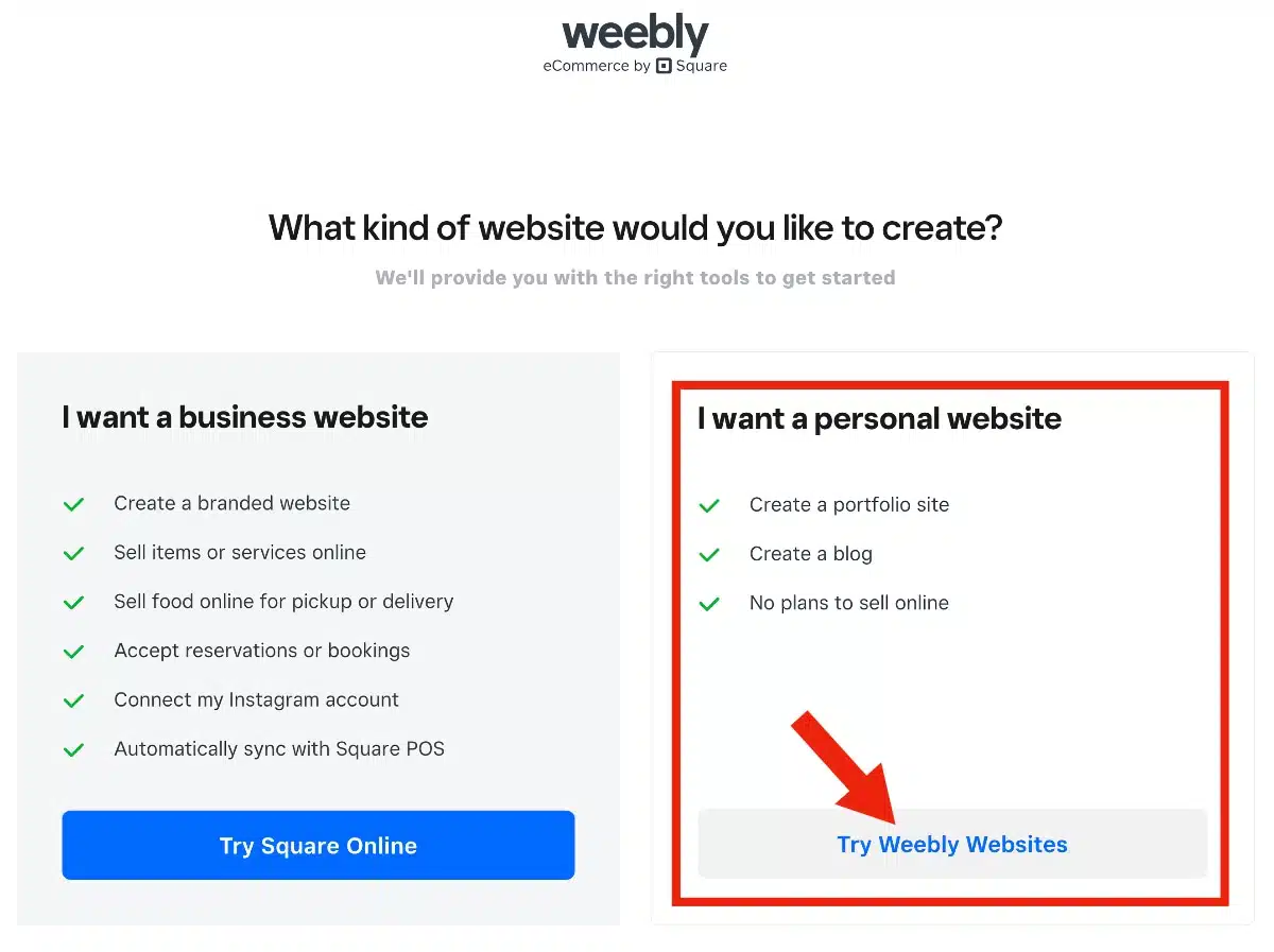 Weebly website sign-up choice