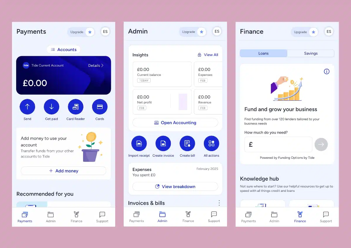 Payments, Admin and Finance screens in the Tide app