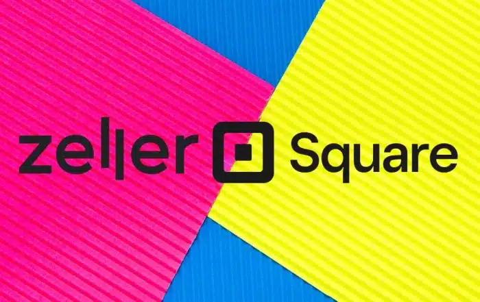 Zeller and Square logos on angular background