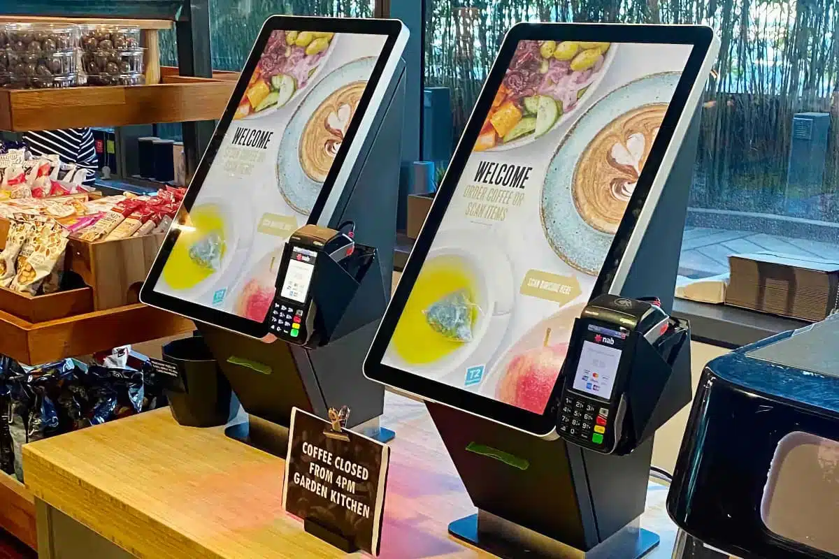 Intouch self-checkout kiosks among food products