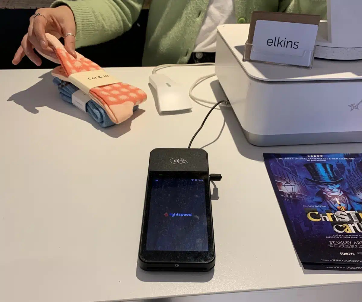 Lightspeed Payments works on Lightspeed’s own card machines Lightspeed Payments card machine on a shop countertop