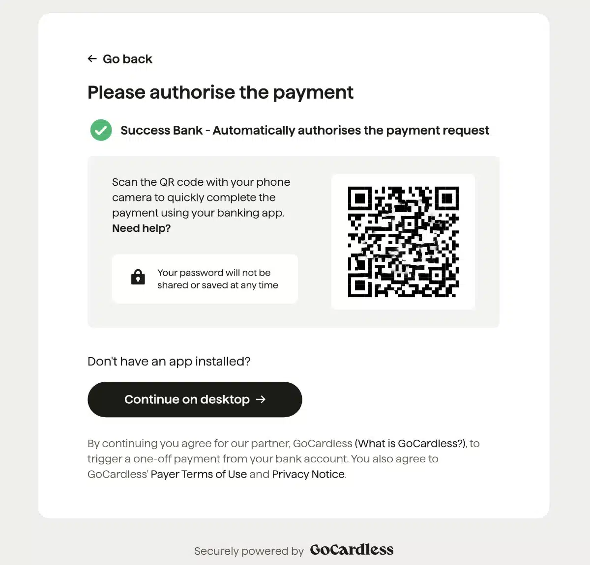 To pay via a GoCardless link, you are asked to scan a QR code that opens your banking app GoCardless QR code link during a transaction we tried