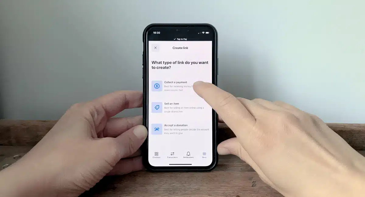 Payment link menu on iPhone in an app we tested