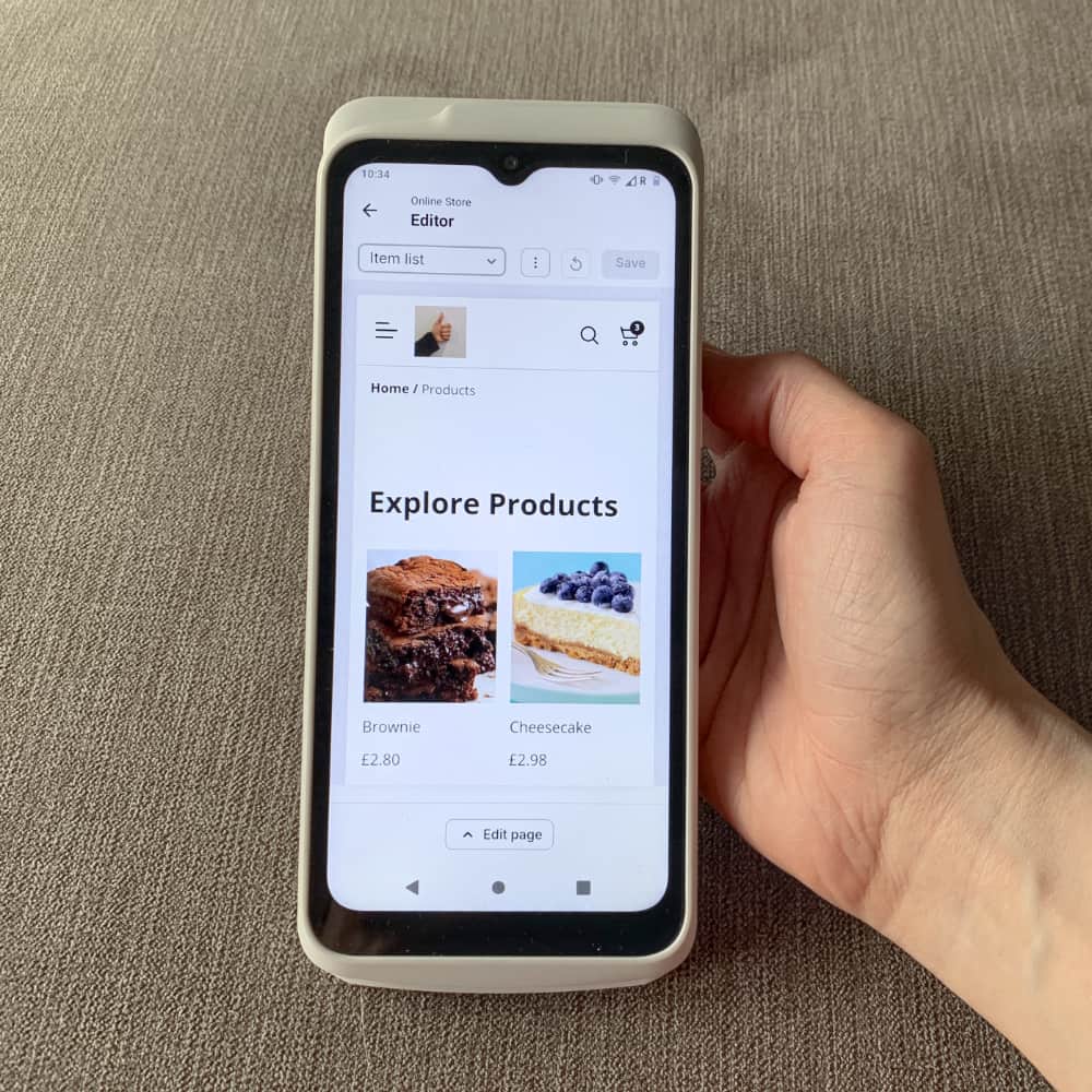 We could edit the online store directly on SumUp Terminal – a rarity for any card machine SumUp Terminal with the Online Store editor open, held by Mobile Transaction reviewer