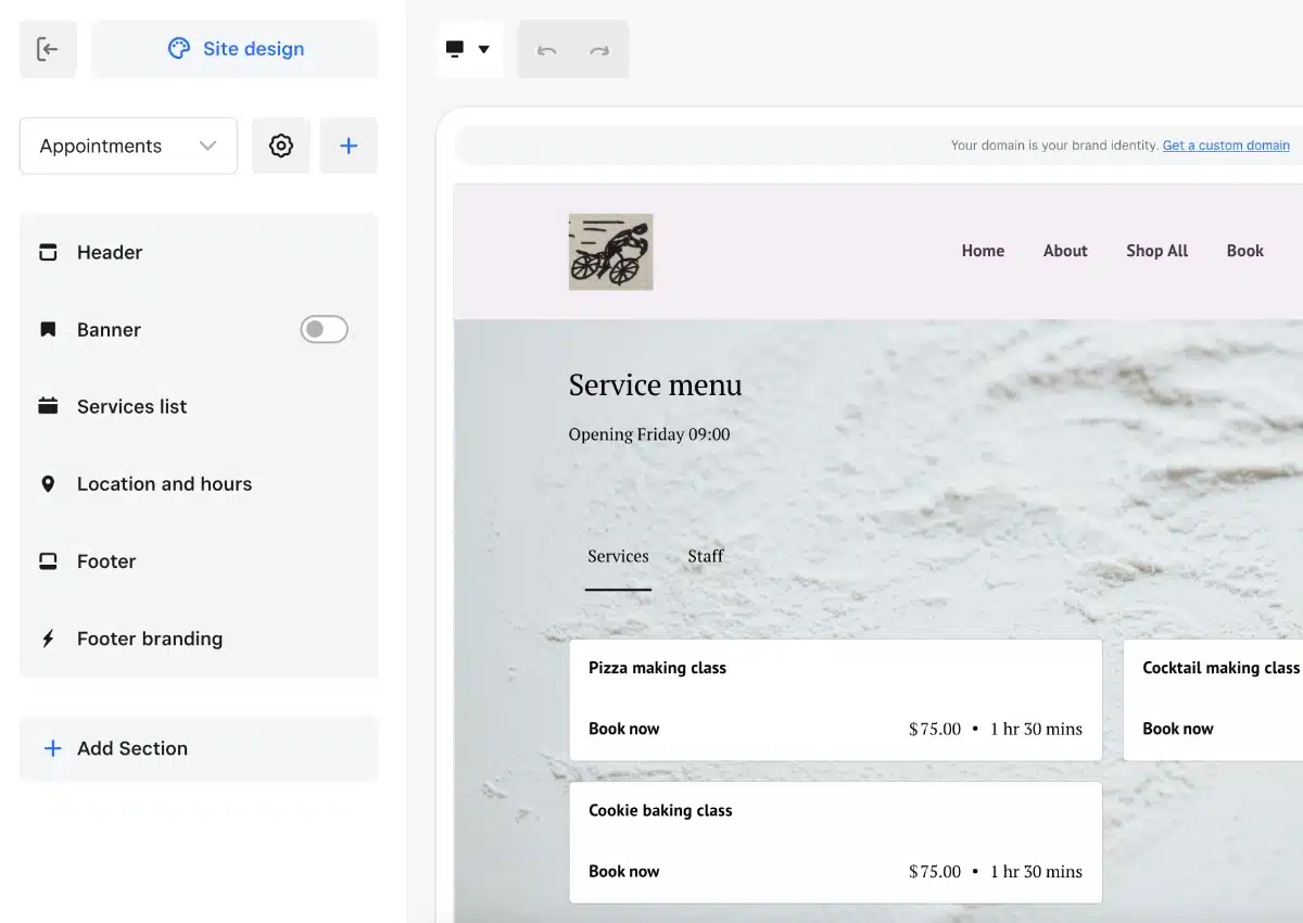 We tried the Square Online website editor, which is more basic than Shopify and Wix Square Online website editor showing editing options for our editor's test site