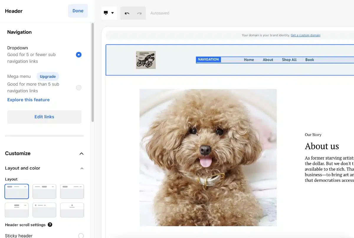 Square Online store editor with an About page open