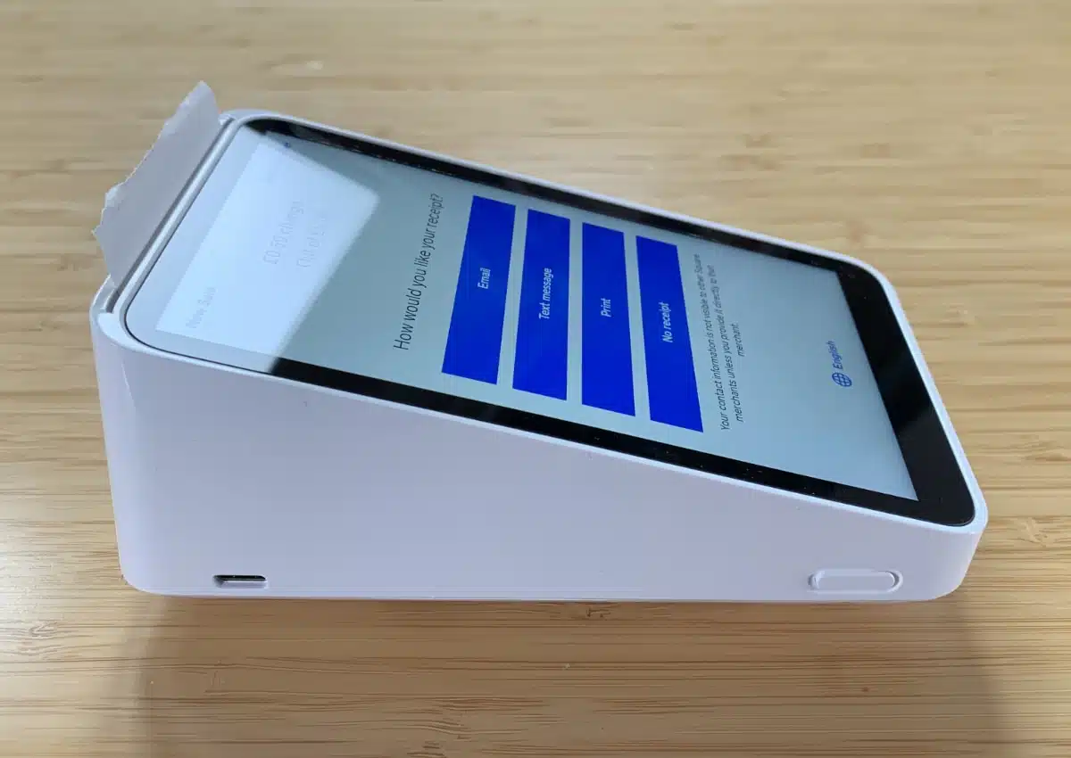 Square Terminal sits well on a desk and has a good quality touchscreen Square Terminal we tested, shown up close from the side