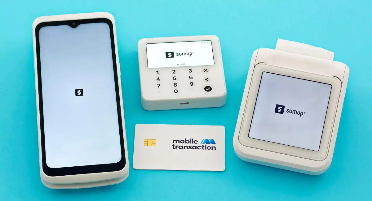 Our SumUp Terminal, Solo Lite and Solo that we tested, with a Mobile Transaction card