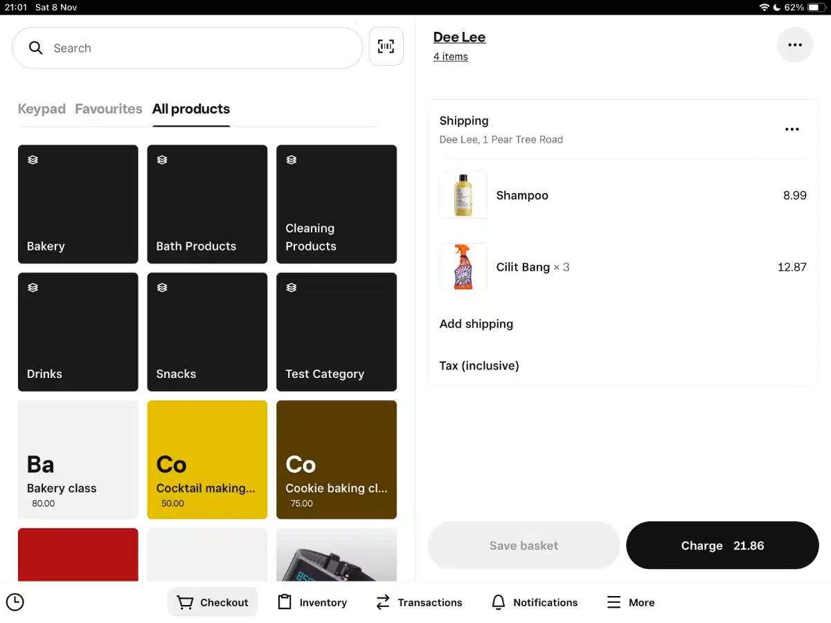 Square Retail PO app checkout screen Square Retail checkout in iPad app