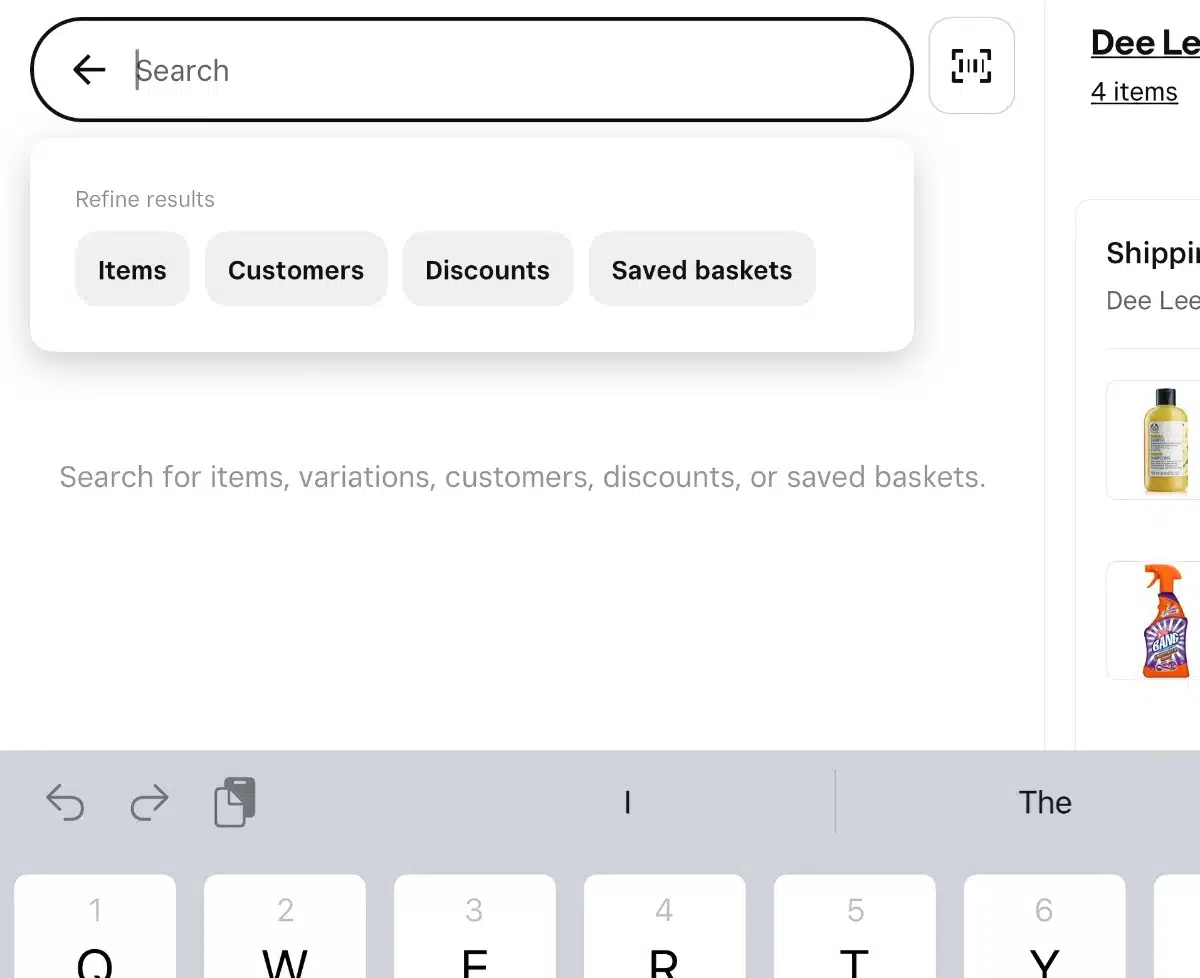The Square for Retail app makes it easy to search for anything Square Retail POS app search field