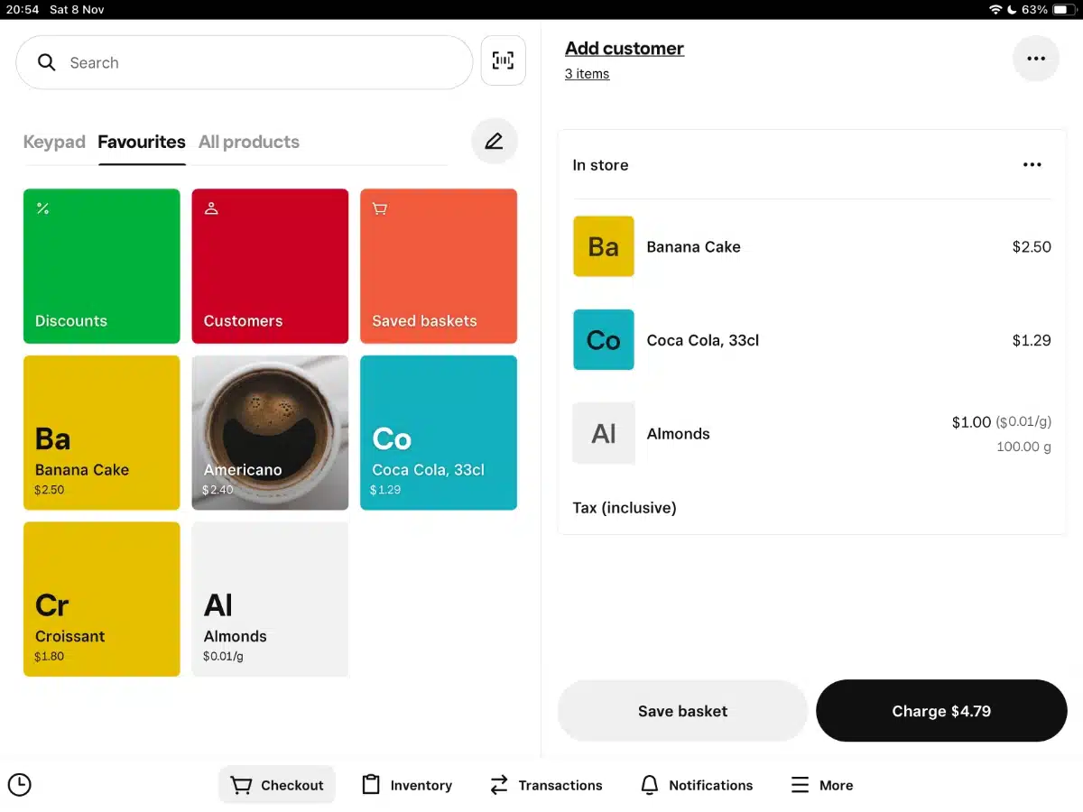 Square for Retail iPad checkout screen