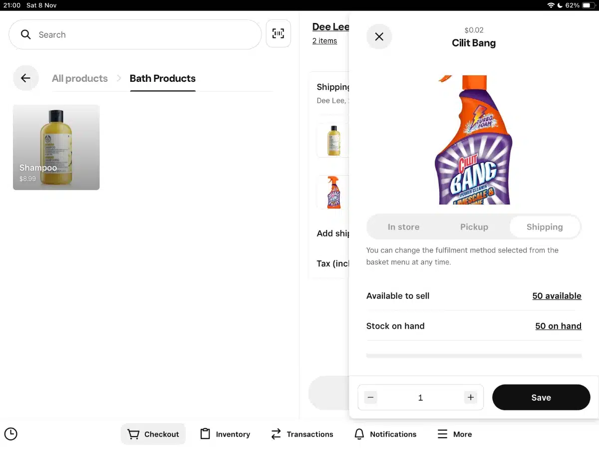 Square for Retail gives you a good, simple overview of product availability Square for Retail item details side box
