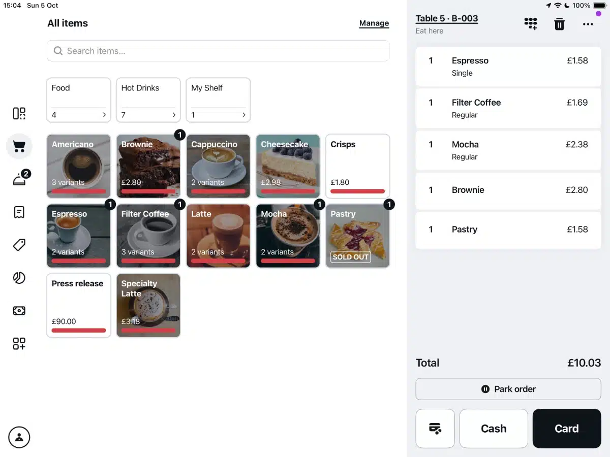 SumUp POS Plus app – main items menu SumUp POS Plus app product menu