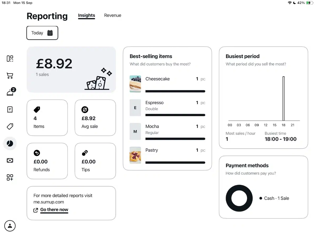 SumUp POS Plus – sales overview in the app SumUp POS Plus sales overview in app