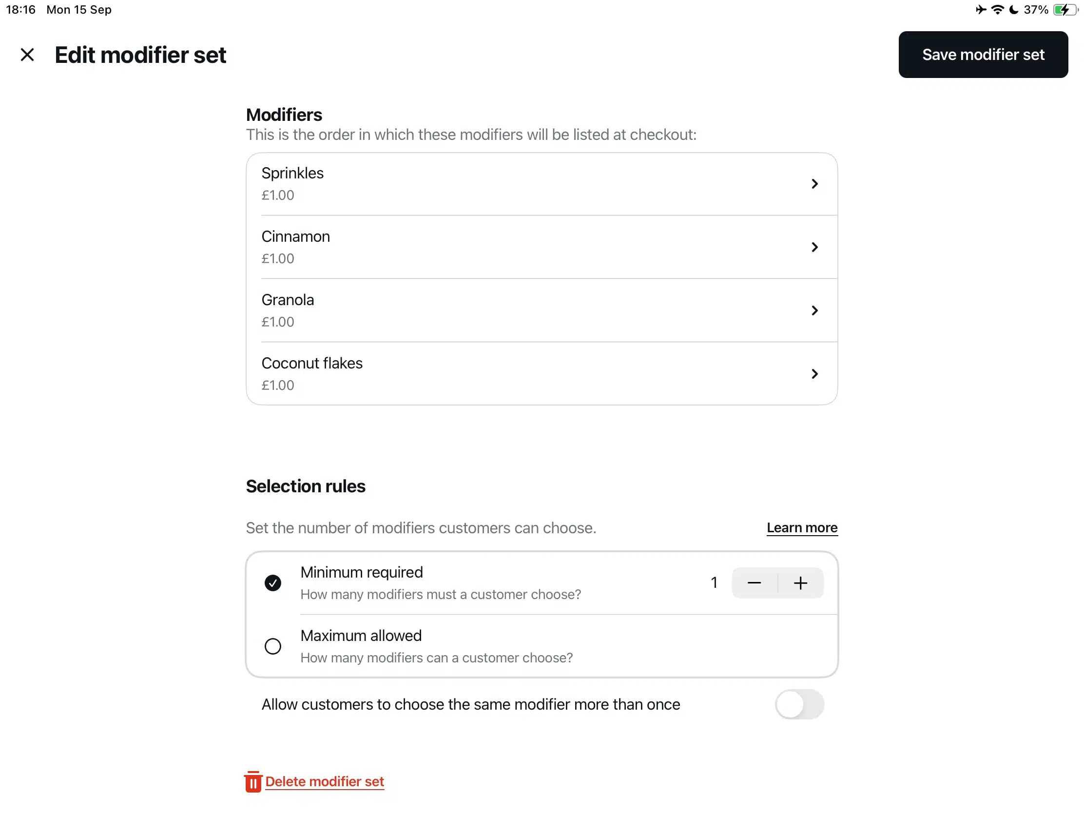 SumUp POS Plus – modifier settings in the app SumUp POS Plus modifier settings