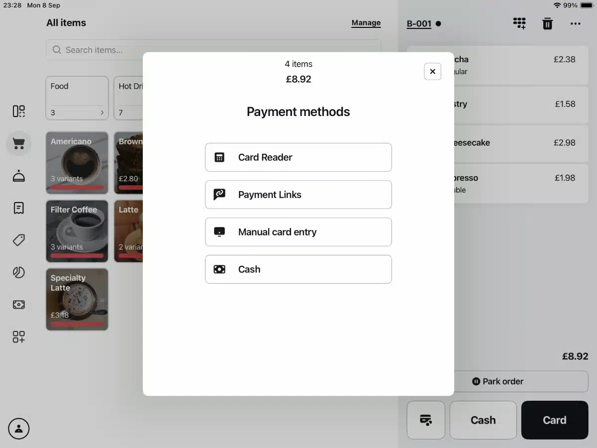 SumUp POS Plus – payment methods accepted at checkout SumUp POS Plus app payment method options