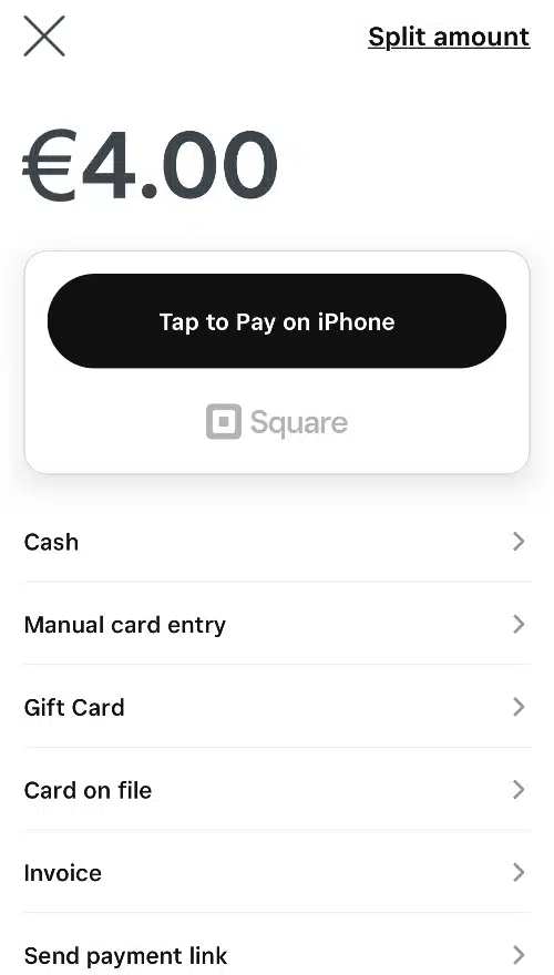 Square Tap to Pay is shown as a payment method in the Square POS app Square POS app payment options including Tap to Pay