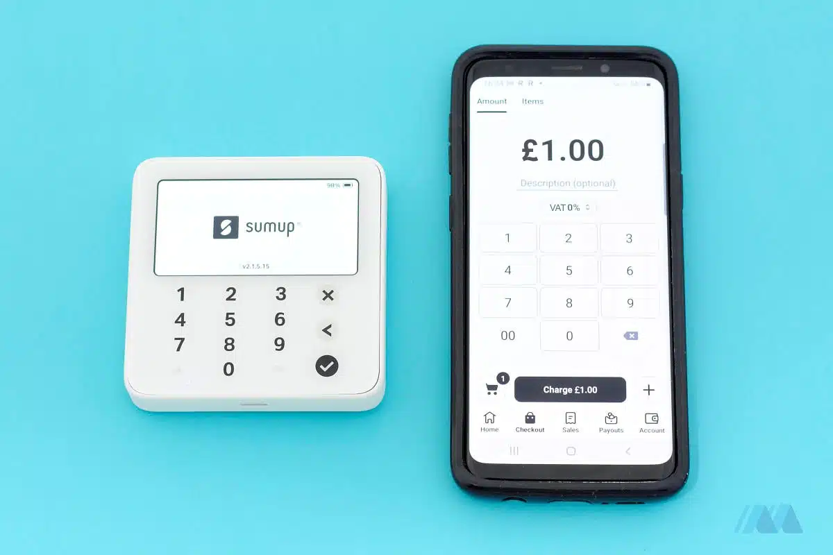 SumUp Solo Lite card reader next to an Android phone
