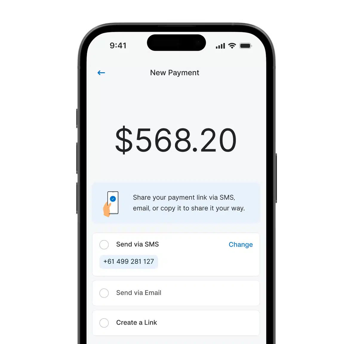 zeller-link-mobile App on phone showing Zeller pay by link