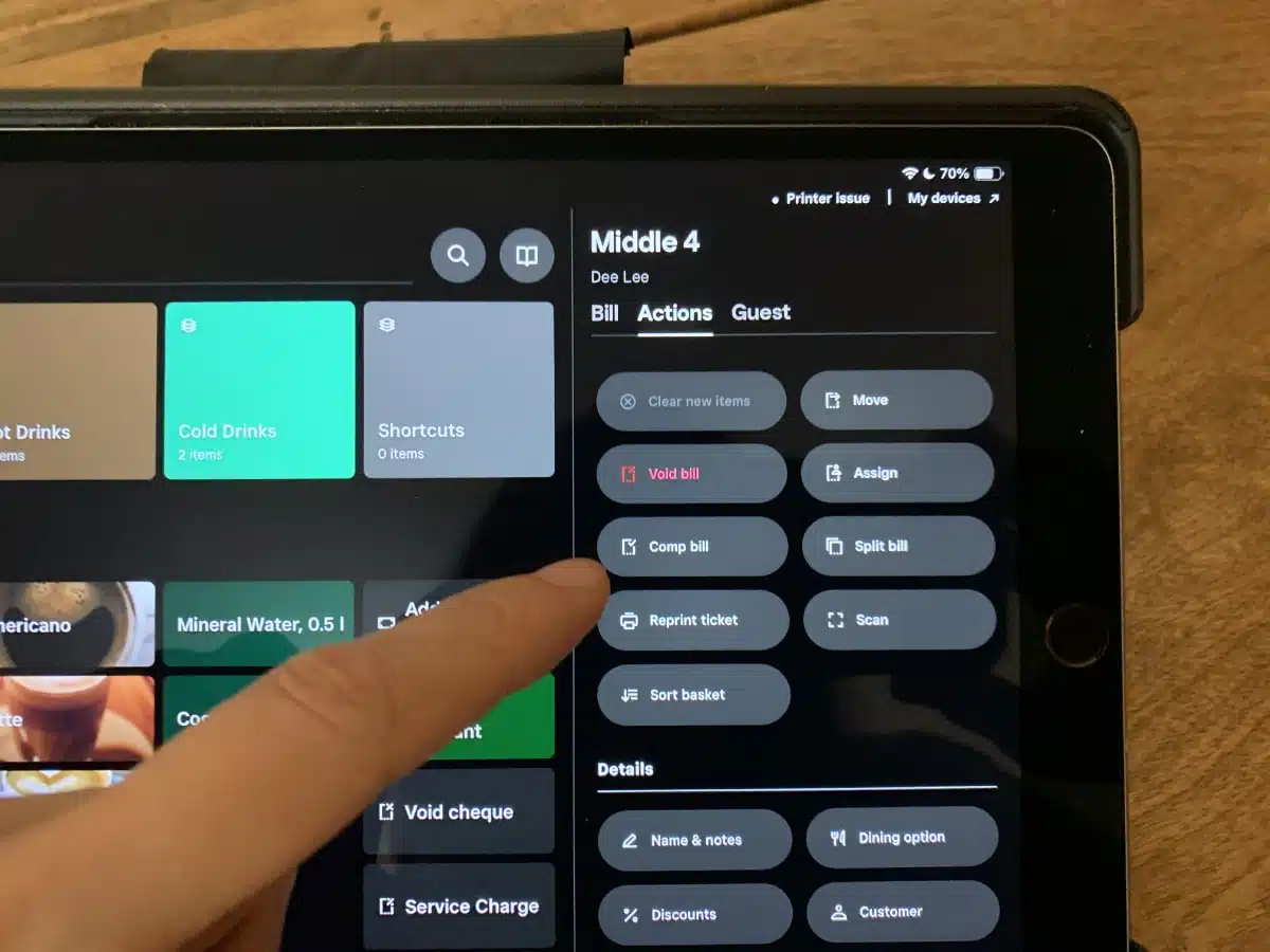 The Square for Restaurants iPad app offers various actions at the checkout