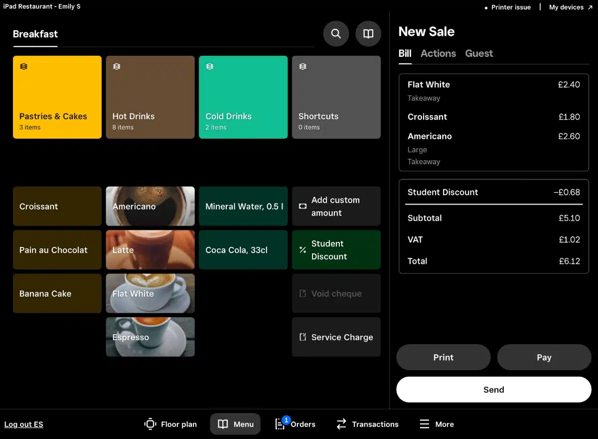 The Square Restaurants POS iPad app looks visually pleasing with big and small buttons, images and a simple order layout
