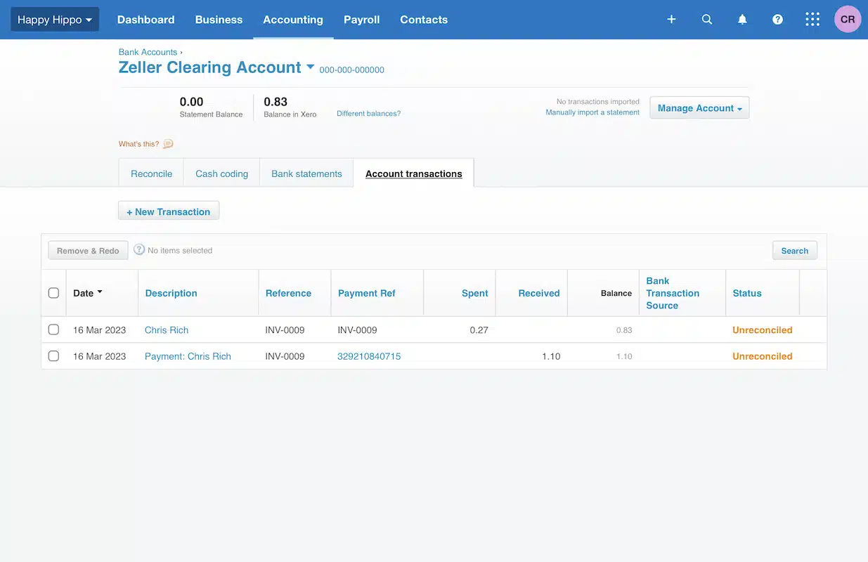 Zeller’s clearing account can be seen in Xero Zeller clearing account in Xero